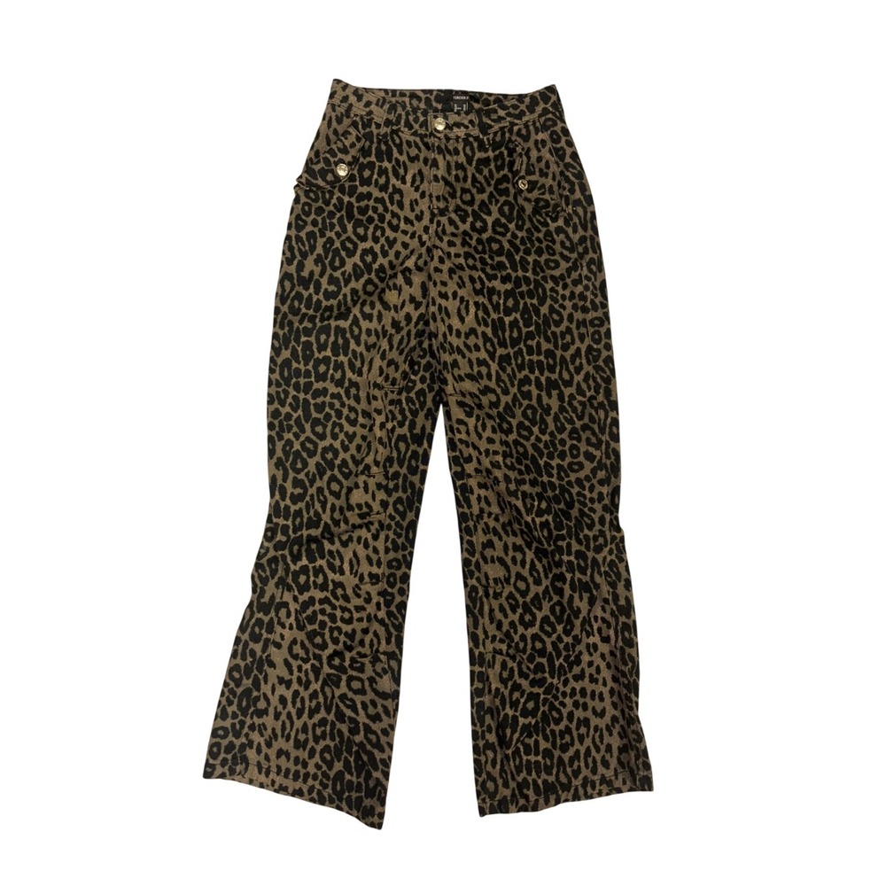 Women's Leopard Print Wide-Leg Jeans Brown Black cheetah Sz Xs 24 barrel